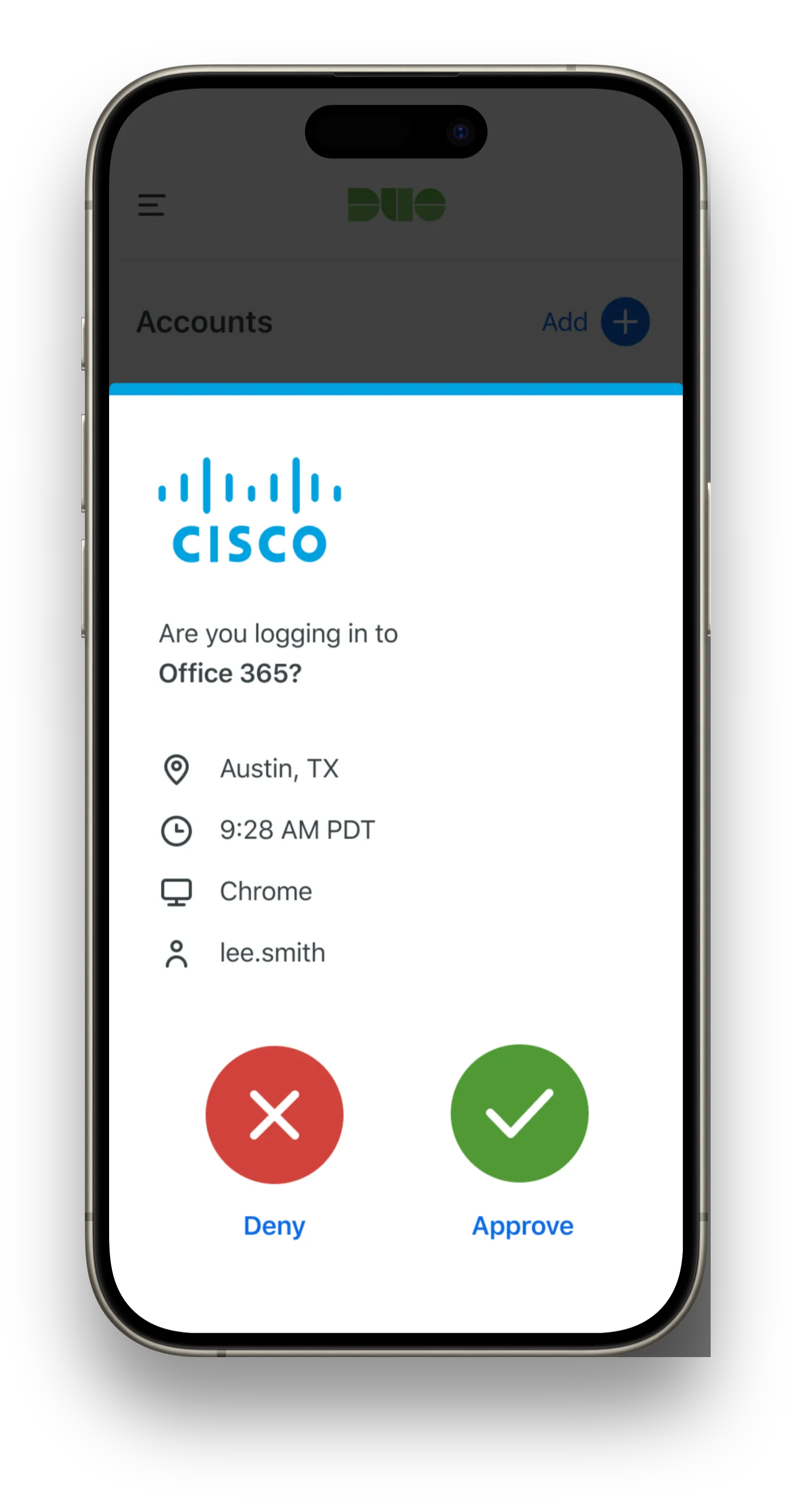 Duo Mobile push notification with Approve and Deny, shown on a phone