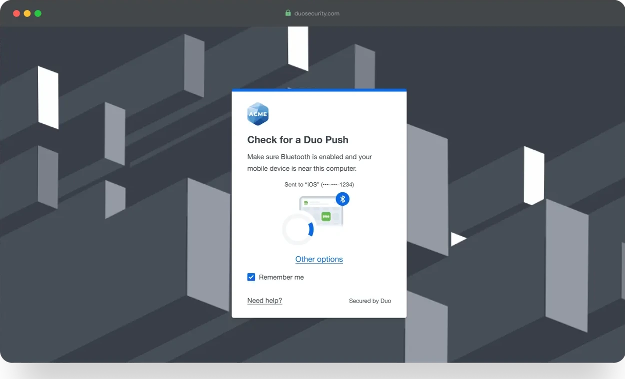 Universal Prompt: Duo's login verification screen shown on a 3rd-party website