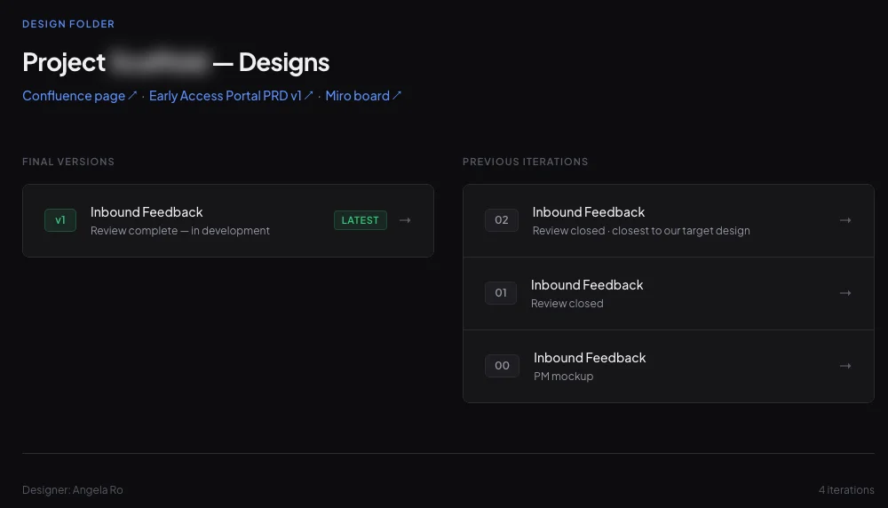Design Folder hub listing the final version and previous iterations of the Early Access Portal design